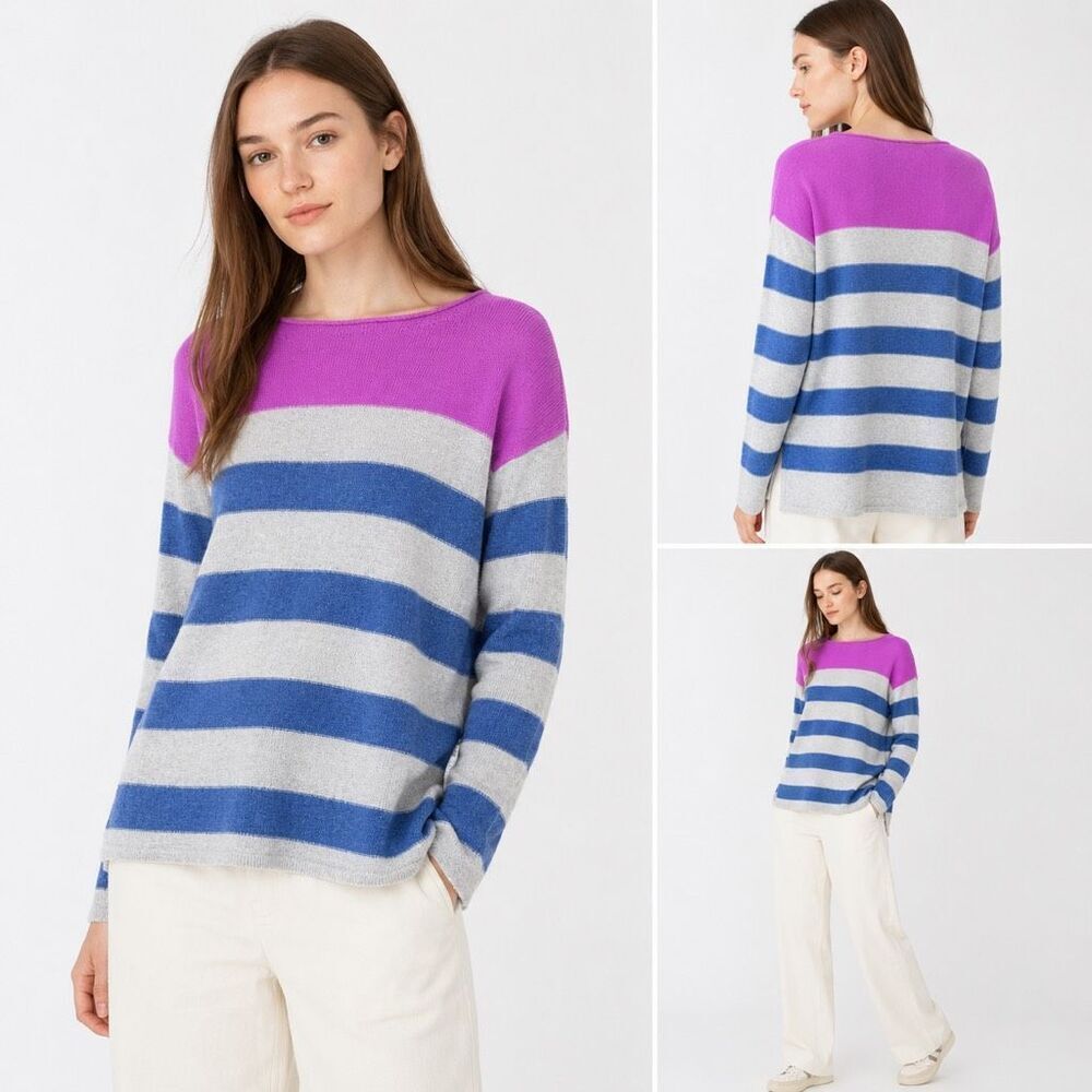 Kinross Cashmere Color-Block Striped Boat Neck Sweater, Grey Blue Stripe Size L